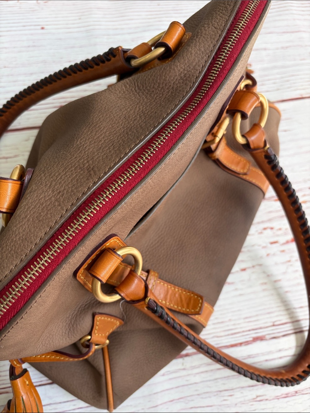 Dooney and Bourne Brown Leather Satchel with Tan Trim - Women's Handbag - Picture 12 of 14